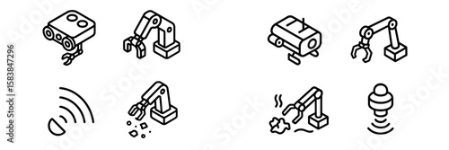 Various robotic arms and devices in line art style representing automation and engineering concepts in a modern setting