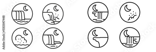 Various minimalist designs of waterfalls under a crescent moon, showcasing different water flows and moonlit landscapes