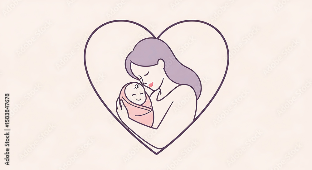 Mother holding baby inside heart outline image Mother holding baby inside heart outline image