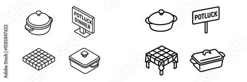 Potluck dinner concept featuring serving dishes, signs, and desserts for gathering and sharing food in a community setting