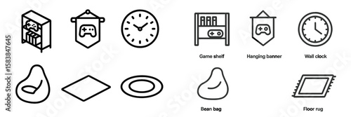 Minimalist game room design elements featuring bean bags, clocks, and wall decor for an inviting gaming atmosphere