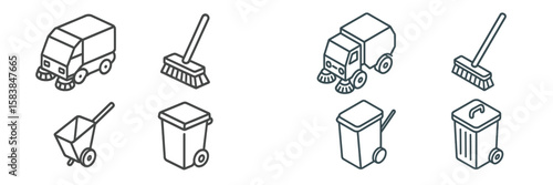 Illustrations of street cleaning vehicles and tools in a simple line art style