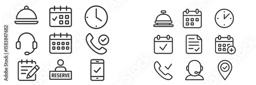 Icons representing hotel reservation process including scheduling, communication, and check-in details