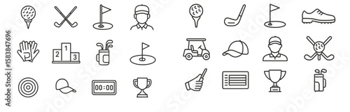 Collection of golf icons featuring equipment, players, and competitions in a minimalistic style