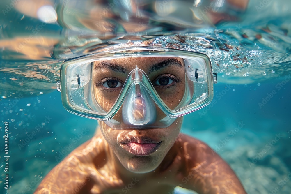 Naklejka premium Young woman snorkeling underwater in clear blue ocean