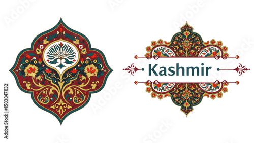 Ornamental Kashmir graphic with ornate details and floral motifs, ideal for cultural designs and creative projects with an ethnic or regional theme.