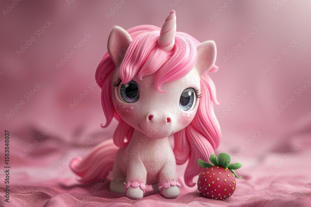 Naklejka premium Cute pink unicorn with strawberry on a soft background.