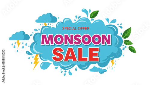Monsoon sale design element for retail promotions features clouds, raindrops, and leaves for a fresh and vibrant seasonal marketing campaign.
