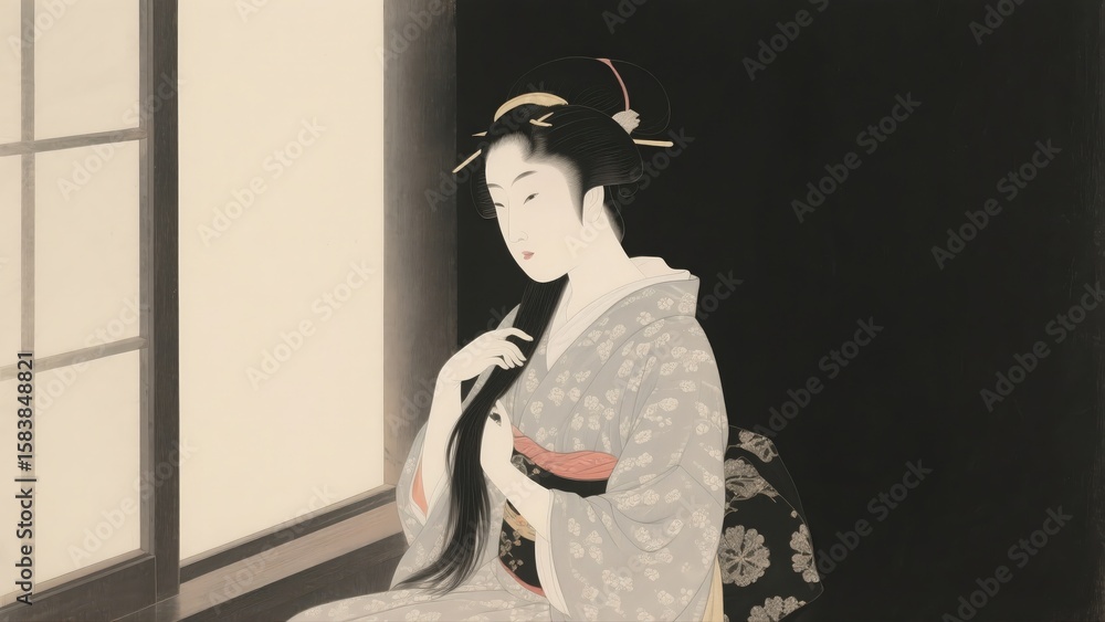 Fototapeta premium Elegant Japanese woman grooming her hair in a quiet room, traditional ukiyo-e style portrait illustration