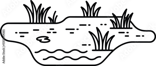 Pond Scene Line Art: A serene illustration depicts a pond scene. Clean lines outline the water's edge, highlighting the ripples and aquatic plants.