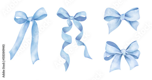 Lovely coquette bow set. Romantic blue ribbon with long tails in a soft watercolor style. Hand-painted illustration on white. Ideal for invitations, greeting cards, and festive decorations.