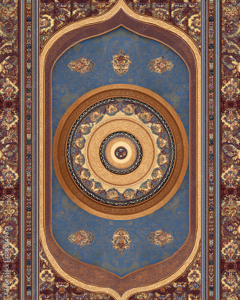 Fototapeta premium Vector series in Indian Miniature style, Treasures of Myth, explores mythic artifacts through ornate, symbolic shapes in red, blue, saffron, green, and black. Bold, standalone graphic art for exhibiti