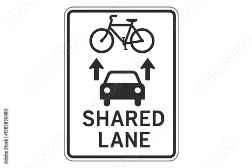 Shared Lane Road Sign Vector Illustration for Bicycle and Car Traffic, Urban Safety, Transportation Symbol, Black and White, Transparent Background, Regulatory Street Sign Design
