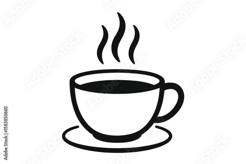Minimalist Hot Coffee Cup Icon with Saucer and Rising Steam, Black and White Silhouette, Simple Vector Illustration for Café, Restaurant, Beverage Menu, Transparent Background, Modern Drink Logo
