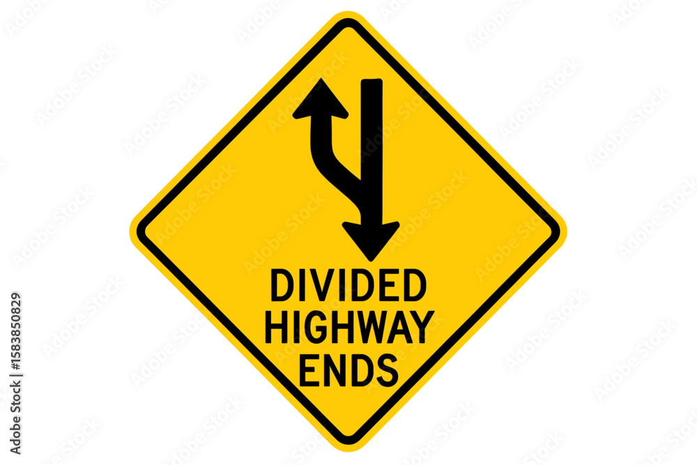 Divided Highway Ends Road Sign, Yellow Diamond Warning Symbol, Two-Way Traffic Begins, Road Divider Ends, Traffic Safety Vector, Transparent PNG Illustration for Highway and Street Signage Divided Highway Ends Road Sign, Yellow Diamond Warning Symbol, Two-Way Traffic Begins, Road Divider Ends, Traffic Safety Vector, Transparent PNG Illustration for Highway and Street Signage
