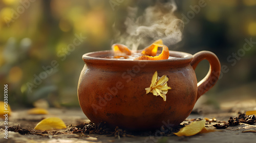 Wallpaper Mural Hot spiced cider steams from a rustic earthenware mug, adorned with orange zest and fall leaves, set against a blurred autumnal backdrop. Torontodigital.ca