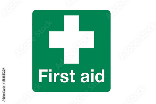 First aid sign vector illustration. Green square with white cross symbol. Emergency medical help icon. Safety first concept. Health care pictogram for printable sticker or label.