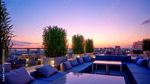 Serene Rooftop Sunset: Cityscape Views & Luxurious Lounge