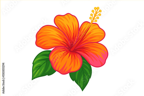 Bright tropical hibiscus flower vector illustration. Exotic summer floral design element. Isolated botanical blossom for Hawaii aloha theme. Vibrant orange and red plant.