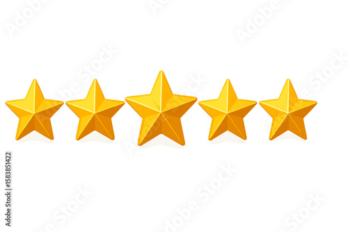 Golden five star rating 3D shiny stars symbolizing best quality, excellence, premium review, customer satisfaction, top product service feedback, transparent PNG and vector illustration