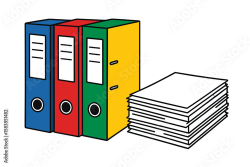 Colorful office ring binders with a stack of paper. Concept for organization, paperwork, bureaucracy, data management, archiving, and documentation. Vector illustration.
