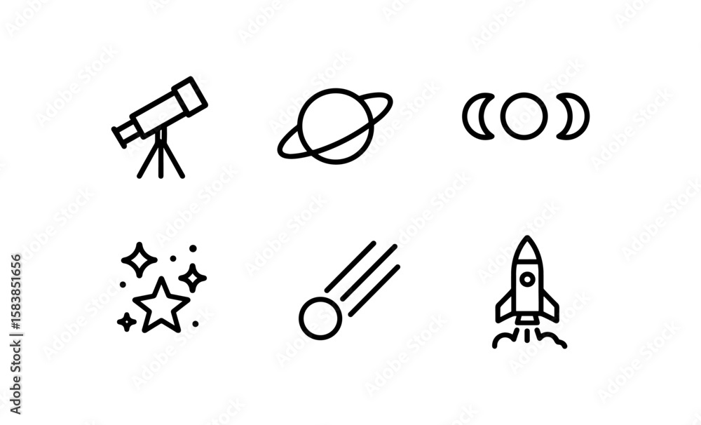 Fototapeta premium Linear astronomy icons: telescope, planet, moon phases, stars, comet, rocket