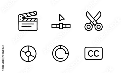 Minimalist video editing icons: clapper, scissors, and controls