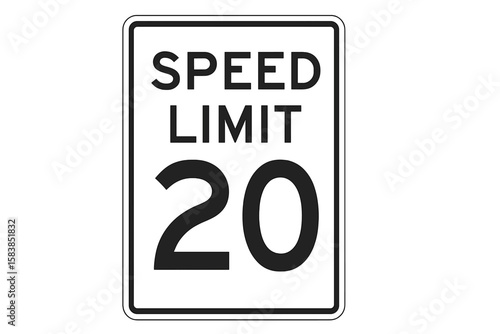 Speed limit 20 mph traffic sign vector illustration. Road safety and driving regulation symbol. Printable US highway warning notice for traffic control. Isolated icon design.