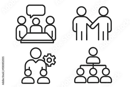 Business management and teamwork icon set in thin line style. Includes vector symbols for corporate meeting, handshake agreement, leadership, and organizational structure.