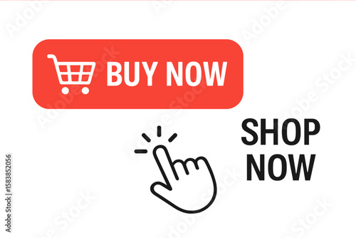 Buy now button with shopping cart icon and shop now call to action. Click here CTA with hand pointer. Modern collection for e-commerce website and online shopping app.
