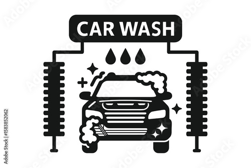 Car wash service icon. Vector logo for automatic automobile cleaning station. Transport detailing concept with water drops, soap foam, and brushes. Clean vehicle symbol.