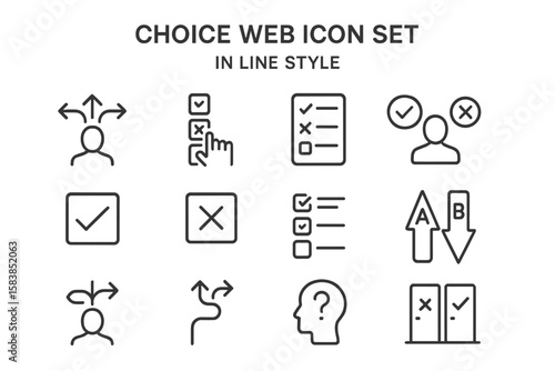 Choice and decision making line icon set. Vector collection of selection, options, and survey symbols. Includes checklist, quiz, preference, A/B testing, and dilemma icons.