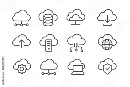 Cloud computing web icon set in thin line style. Collection of cloud service and network linear icons, including server, database, technology, hosting, download, and upload.