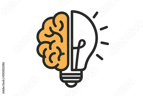 Creative idea logo with half light bulb and brain. Symbol of creativity, innovation, and solution. Concept for smart thinking, learning, education, mind power and intelligence.