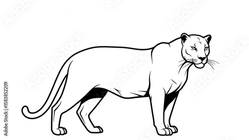 Detailed drawing of a powerful mountain lion in a simple black and white line art style, perfect for icon design or educational materials.