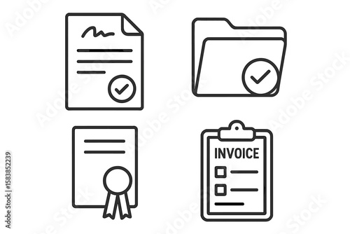 Document icon set in thin line style. Business and finance linear icons collection. Contains contract, approved papers, folder, certificate, and invoice clipboard symbols.
