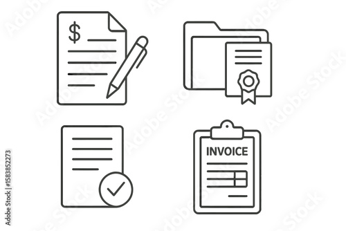 Document icon set in thin line style. Business and finance linear icons. Contract signing, folder with certificate, approved paper, and invoice on clipboard vector.