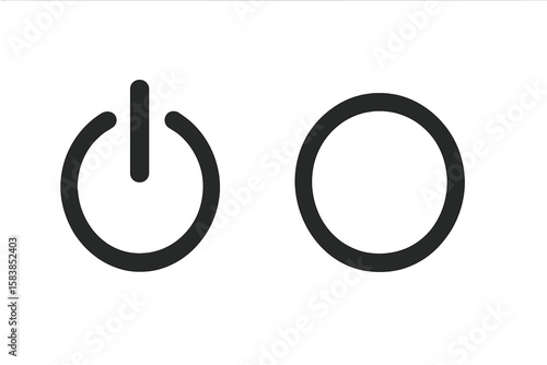 Power on off button icon symbol set. Start and stop push buttons. Universal shutdown and standby sign. Electrical technology switch control element for user interface.