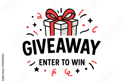 Giveaway Promotion Vector, Enter to Win Gift Box Illustration, Social Media Banner Template, Prize Contest Marketing, Modern Typography, Festive Ribbon Present, Online Event Announcement