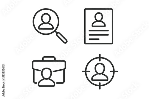 Recruitment and Headhunting Line Icons Set. Job Search, Candidate Selection, Resume Review, HR Process, Business Career, Employment, Hiring, Human Resources, Web and Mobile App Vector Illustration