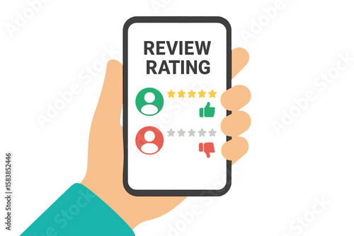 Customer Feedback Review Rating on Smartphone – Hand Holding Mobile Device with User Reviews, Five Star and One Star Ratings, Thumbs Up and Down, Client Experience, Online Service Evaluation