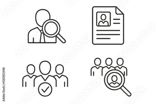 Modern Headhunting and Recruitment Line Icons Set. Human Resources, Candidate Selection, Resume Review, Job Hiring Process, Team Search, HR Management, Business Staffing, Web and Mobile App UI