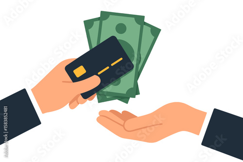 Business transaction concept. Hand giving money and credit card to another hand. Payment, finance, banking, investment, cashless, e-commerce, shopping, purchase, modern flat illustration.