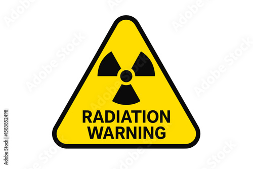 Radiation warning sign vector illustration. Yellow triangle danger symbol with radioactive trefoil icon. Nuclear energy hazard alert. Atomic power risk zone label. Isolated on white.