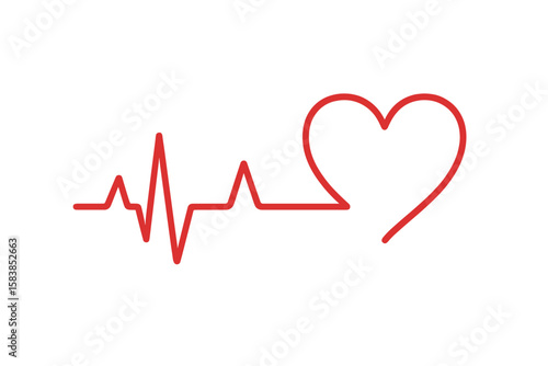 Heartbeat Line with Heart Shape, Red ECG Rhythm, One-Line Medical Love Symbol, Healthcare Vector Illustration, Cardiology, Wellness Concept, Transparent Background, Isolated Clipart