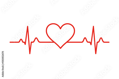 Heartbeat Line with Heart Shape – Red ECG Pulse, Love Symbol, Medical Healthcare Concept, Cardiogram Vector Illustration, Isolated on White, Transparent Background, Hospital, Clinic, Wellness