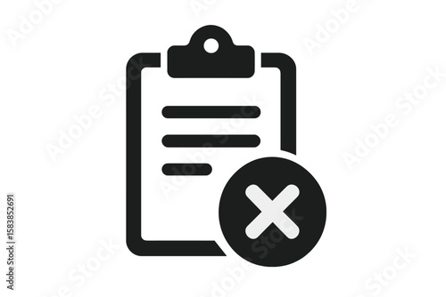 Rejected document vector icon. Clipboard with paper and cross mark symbol. Application denial, claim rejected, task failed concept. Error, incorrect data, or invalid form.