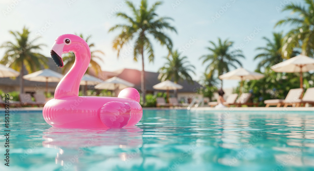 Obraz premium A glossy pink inflatable flamingo floating on a calm, sunlit pool with tropical background.