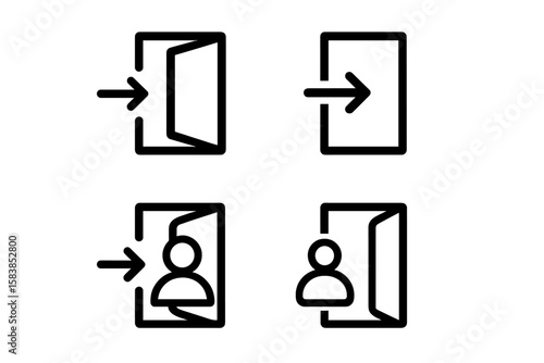 Login and Logout Icons Set. Four Vector Icons for Sign In, Sign Out, Enter, Exit. Open and Closed Door Symbols with Arrow. User Profile Access, Account Entry, Leave, Black Minimalist Style, Web App UI