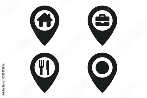Set of map pin icons for home, work, and restaurant addresses. Location marker collection for GPS navigation. Point of interest vector symbols for travel and destination.